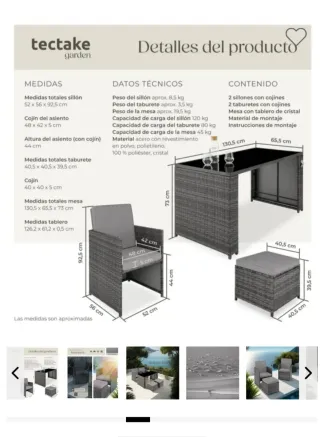 Tectake conjunto jardín ratán gris