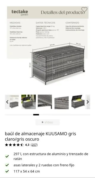 Tectake conjunto jardín ratán gris