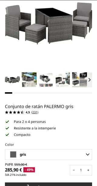 Tectake conjunto jardín ratán gris