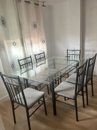 Mesa comedor cristal + 6 sillas gris