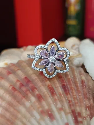 Anillo Plata S925 Flor Rosa Doble