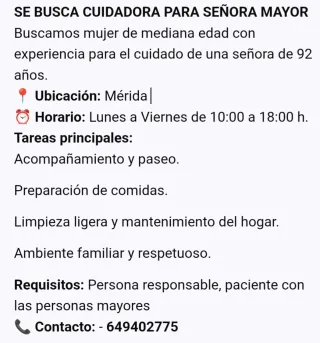 CUIDADORA PARA SEÑORA MAYOR  Para MÉRIDA