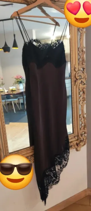 Vestido Zara Marrón con Encaje Negro