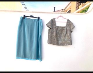 Conjunto Falda Midi y Top Azul y Marrón
