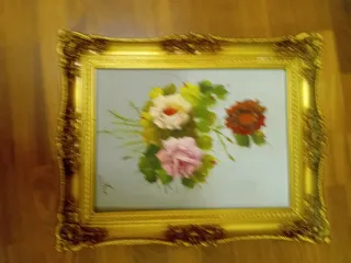 Cuadro al óleo flores marco dorado