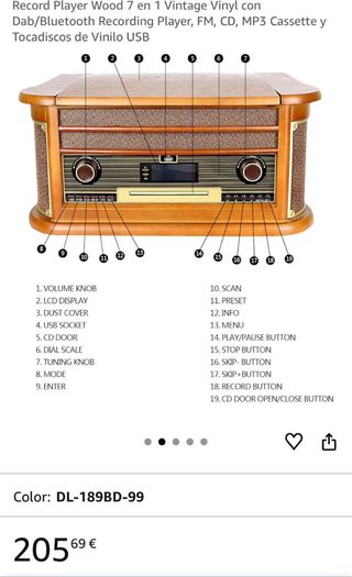 Tocadiscos de Vinilo + CD Cassette Bluetooth USB