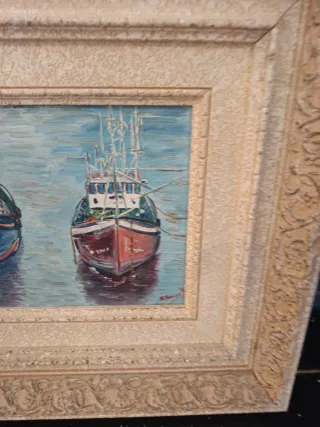 Cuadro al óleo barcos en el mar