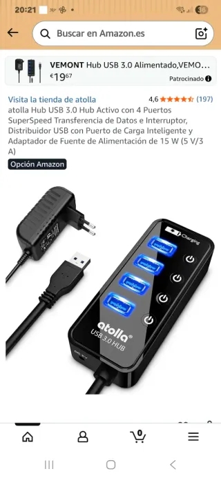 Hub USB 3.0 atolla 4 puertos con carga
