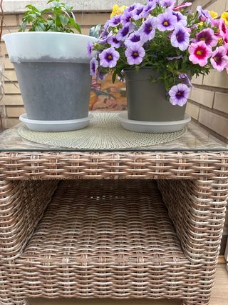 Tavolo da giardino in vetro e vimini