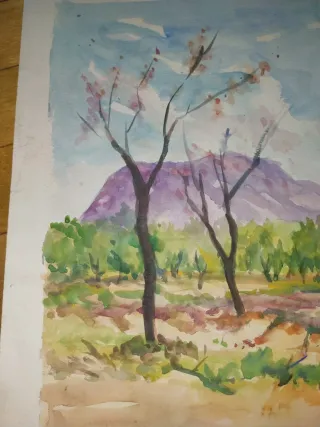 Acuarela antigua paisaje levantino y casa
