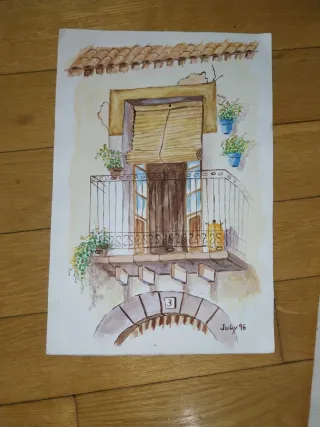 Acuarela antigua paisaje levantino y casa