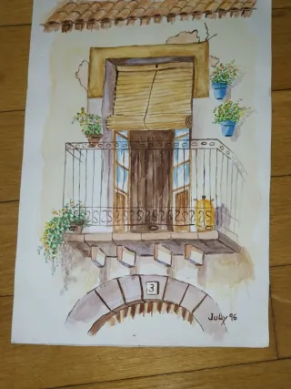 Acuarela antigua paisaje levantino y casa