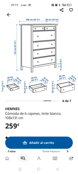 Cómoda Ikea Hemnes 6 cajones blanca