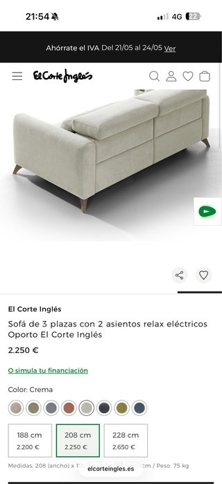 Sofa Oporto mecanico El Corte Inglés Beige Tela