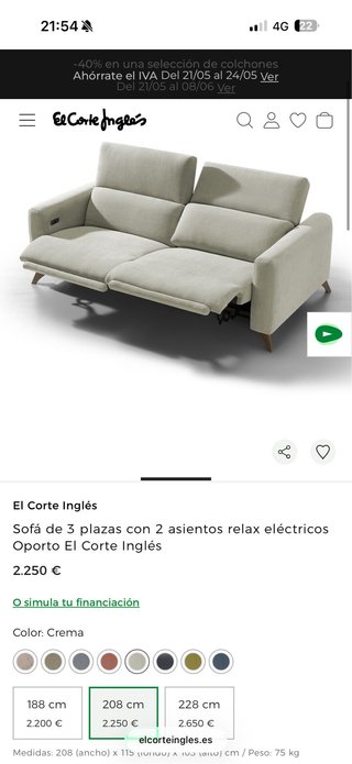 Sofa Oporto mecanico El Corte Inglés Beige Tela