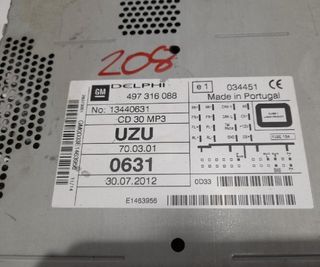 Sistema audio / radio opel 13440631 corsa d 100107