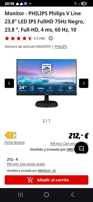 Monitor Philips 23,8 LED IPS FullHD 75Hz pantalla