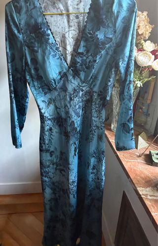 Vestido Zara Satén Azul Flores Talla S