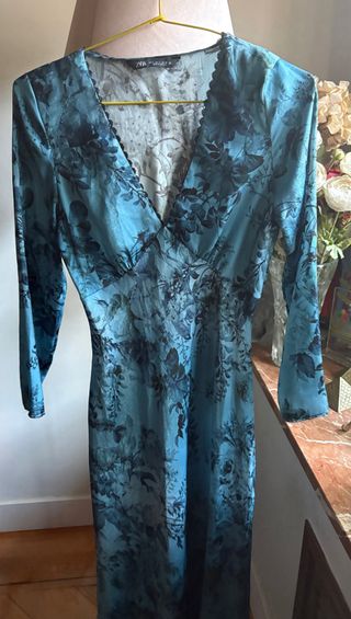 Vestido Zara Satén Azul Flores Talla S