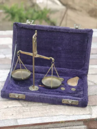 Balanza de precisión antigua con estuche