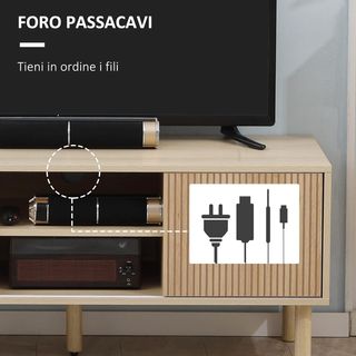 Mobile porta TV fino a 50'' con scomparti aperti e armadi con porta scorrevole, tavolo basso da soggiorno con 2 fori per cavi, 115x40x49cm