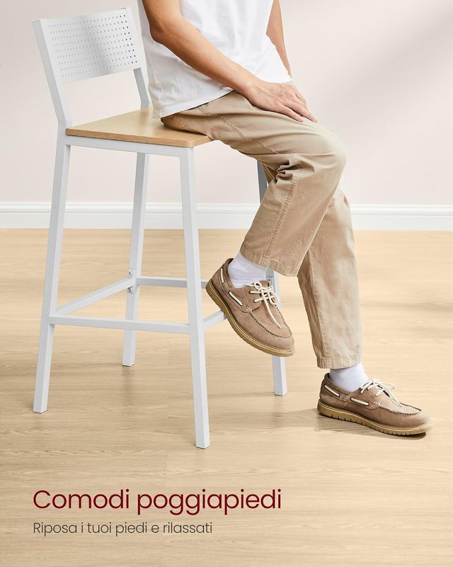 Set di 2 sgabelli da cucina, sgabelli alti per cucina, sala da pranzo, studio, stile industriale, rovere beige e bianco LBC070W09