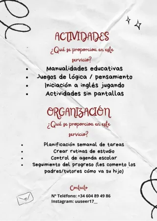 Apoyo escolar, limpieza y cuidado infantil