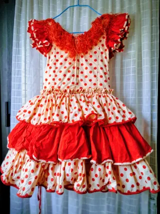 Vestido Flamenca Lunares Beis y Rojo