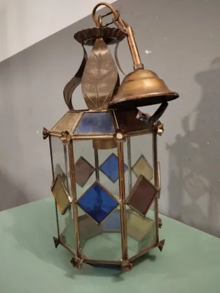 Farolillo colgante antiguo cristal y metal