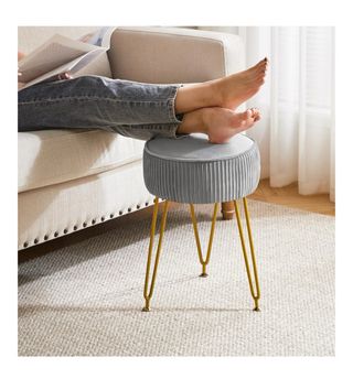 NUEVO. Pouf in velluto grigio con piedi dorati