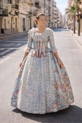 Traje de Fallera azul y rosa