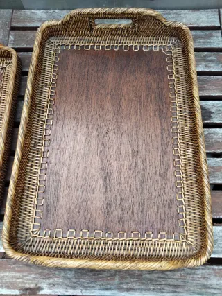 Bandeja antigua ratán y madera maciza artesanal