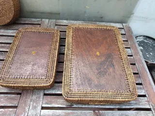 Bandeja antigua ratán y madera maciza artesanal