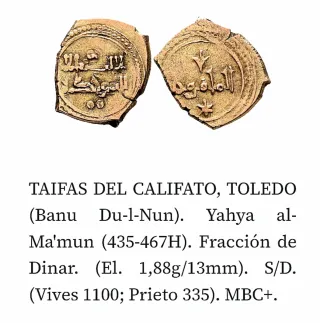 Moneda Dinar Hispano Árabe Toledo Oro