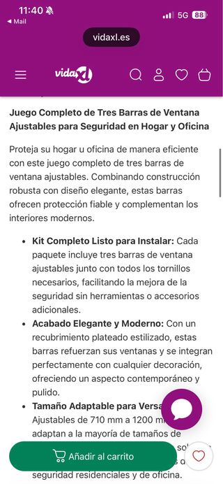 3 Barras Seguridad Ventanas Ajustables 710-1200mm