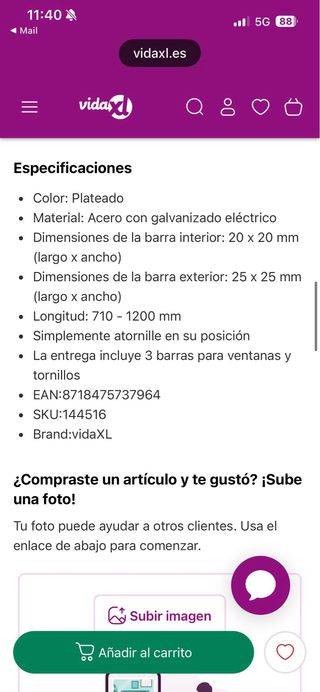 3 Barras Seguridad Ventanas Ajustables 710-1200mm