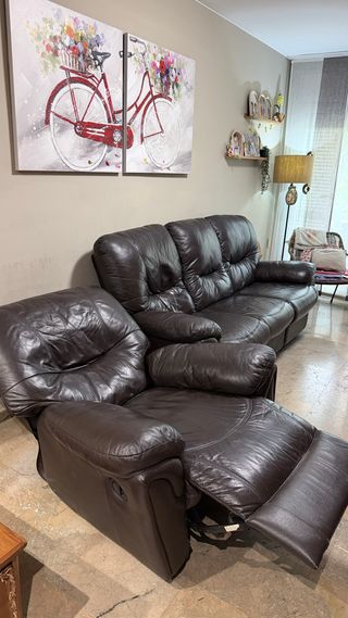 Sofá 3 plazas + 2 sillones piel auténtica y RELAX