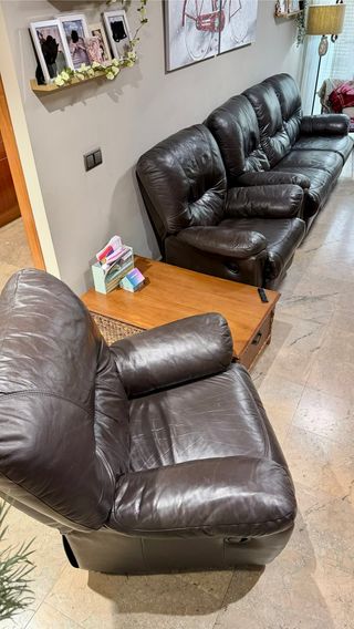 Sofá 3 plazas + 2 sillones piel auténtica y RELAX