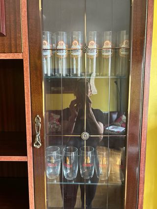 Mueble de salón de madera y cristal