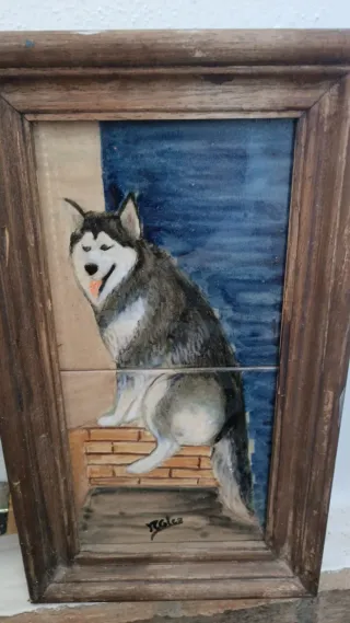 Cuadro Cerámica Lobo Marco Madera. Hecho a mano.