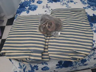 Cortinas de tela con rayas beige y azul