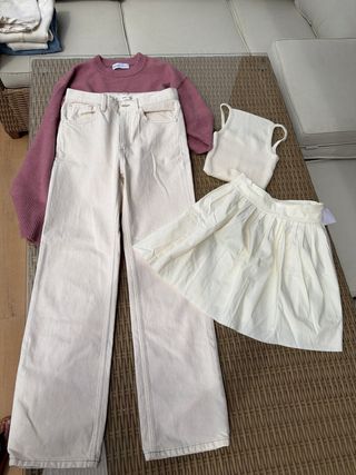 Conjunto S/M: Jersey Rosa, Top Blanco, Pantalón Be