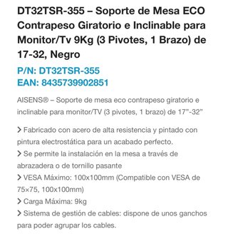 Soporte Monitor Aisens Negro