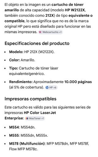 Tóner HP W2122X Amarillo Equivalente Nuevo