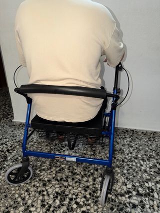 Andador azul con asiento y cesta