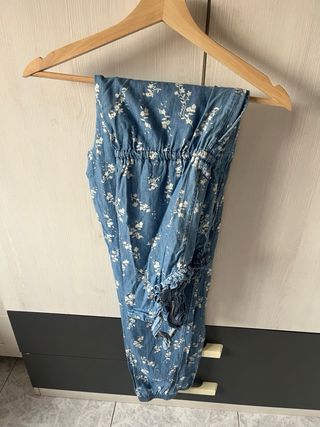 Mono largo floral azul tela de jeans