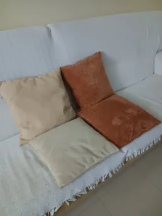Cojines de sofá beige y naranja