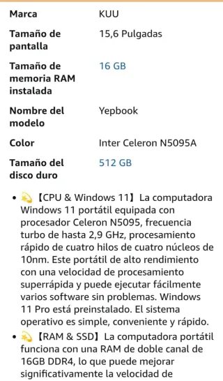 Portátil KUU 15.6 16GB RAM 512GB SSD