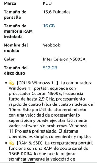 Portátil KUU 15.6 16GB RAM 512GB SSD