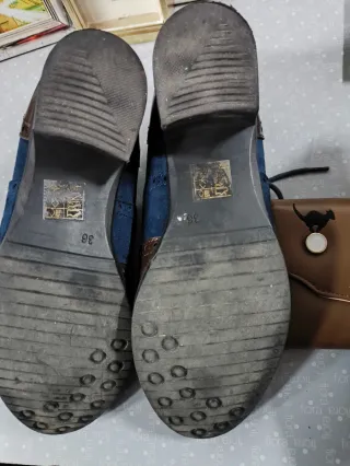 Zapatos tipo mocasín azul y marrón